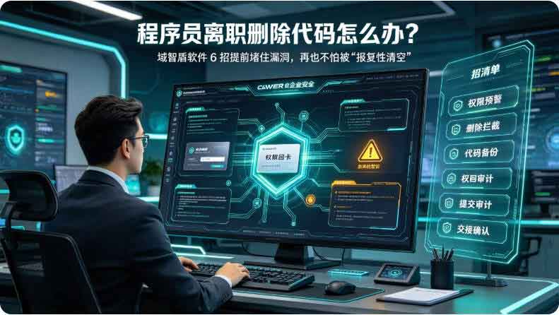程序员离职删除代码怎么办?域智盾软件 6 招提前堵住漏洞,再也不怕被 “报复性清空”!(图2) 程序员离职删除代码怎么办?域智盾软件 6 招提前堵住漏洞,再也不怕被 “报复性清空”!(图2)